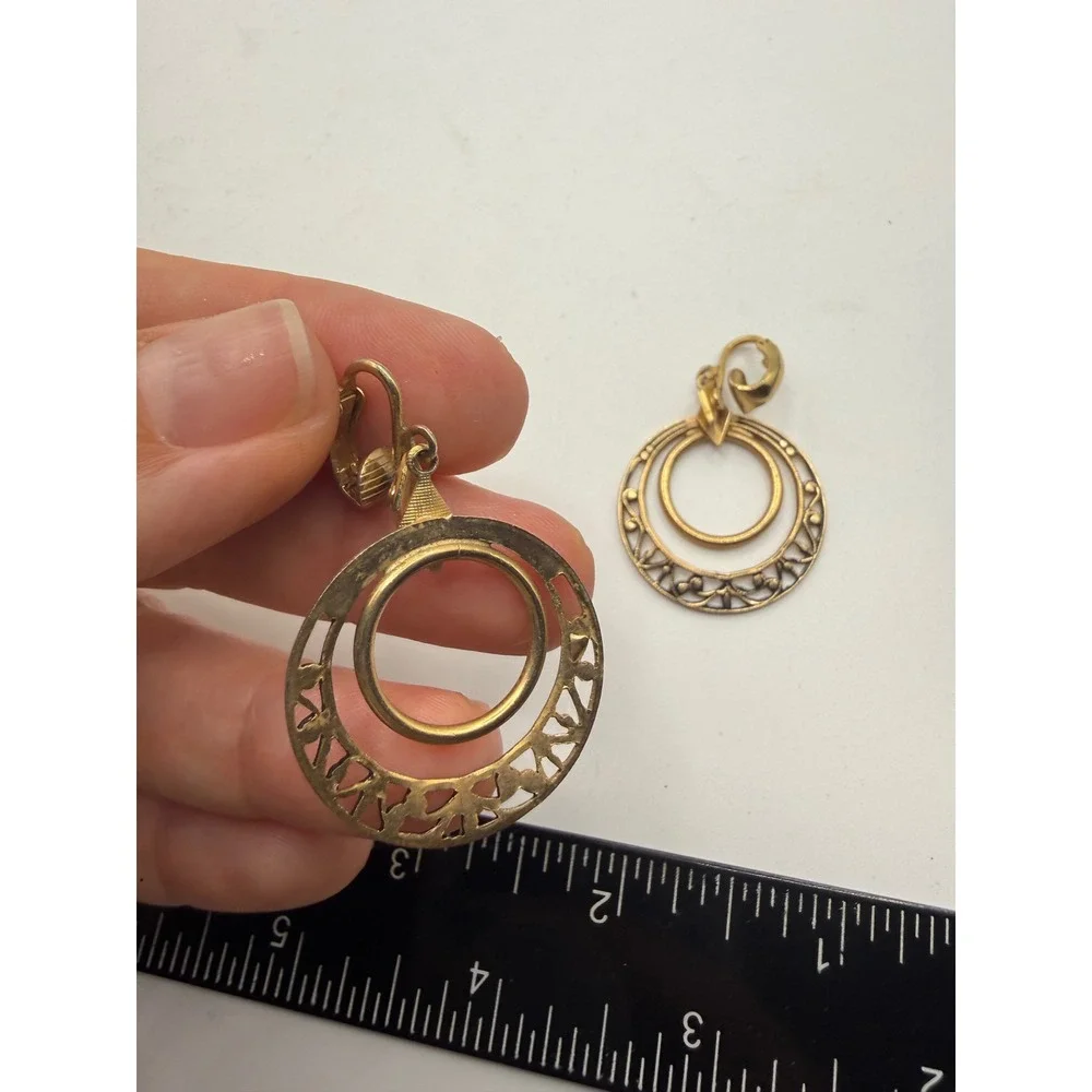 Vintage Gold Tone Filigree Double Hoop Clip On Earrings Ornate Boho Drop Jewelry